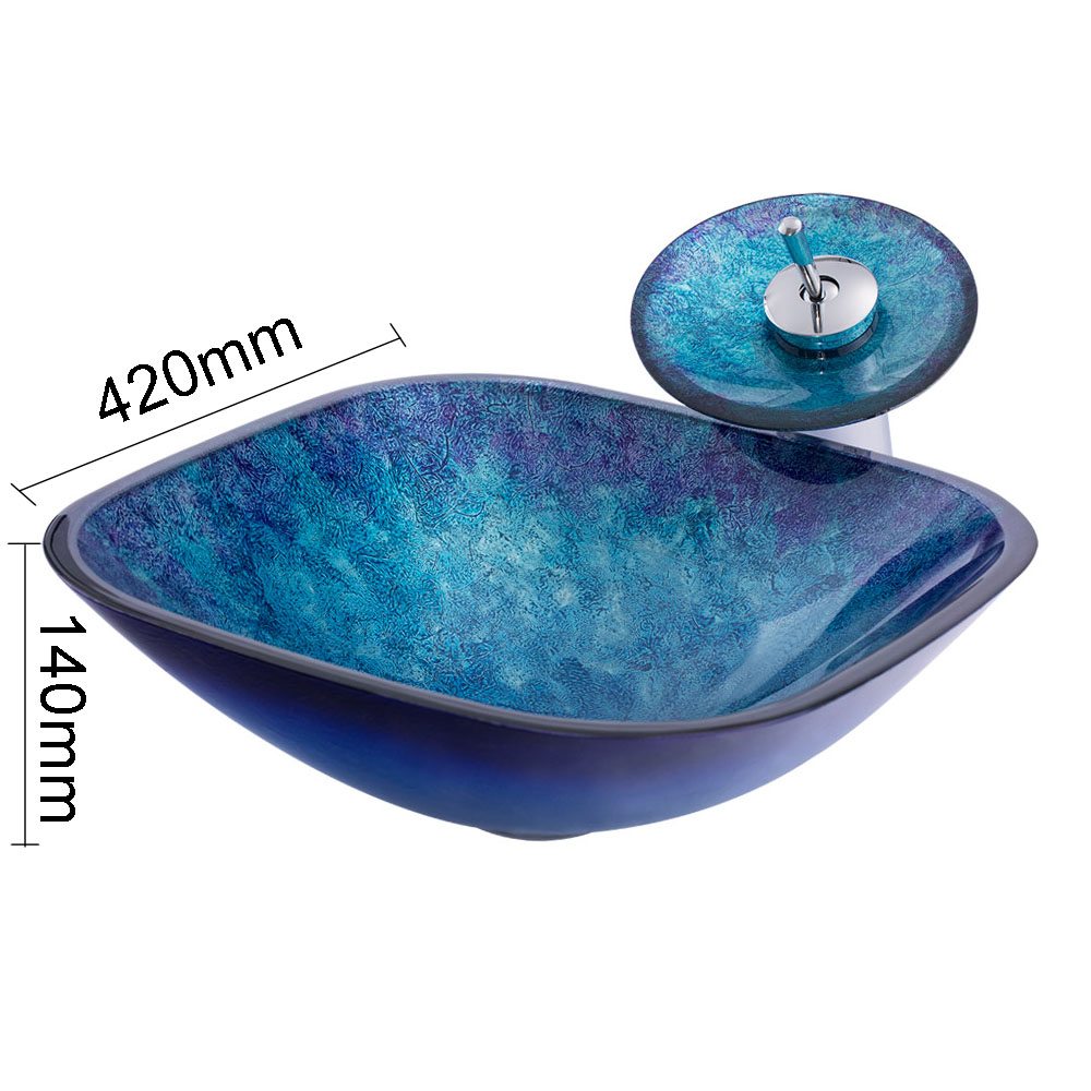 Blue Tempered Glass Basin Foil Covered Square Bathroom Vessel Sink with ...
